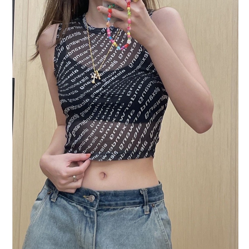 Aw 2022 Áo Crop Top Tay Áo Lưới Mới