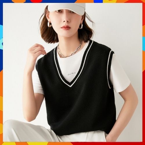 Áo gile nữ, Áo gile len phối viền kiểu dáng hàn quốc trẻ trung.