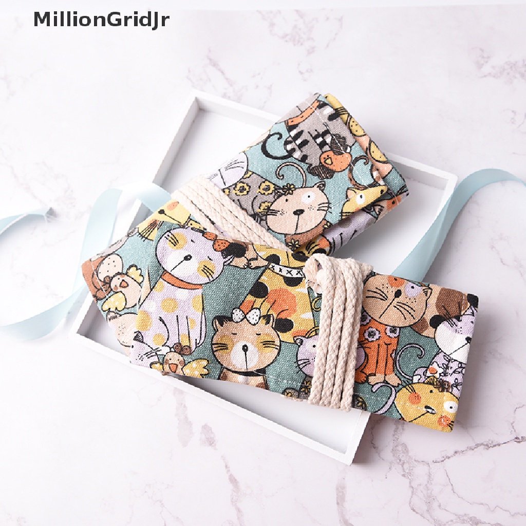 Mrvn Cat Canvas Bag Holder Wrap Roll Up Stationery Pen Brushes Pencil Case Pouch Grid