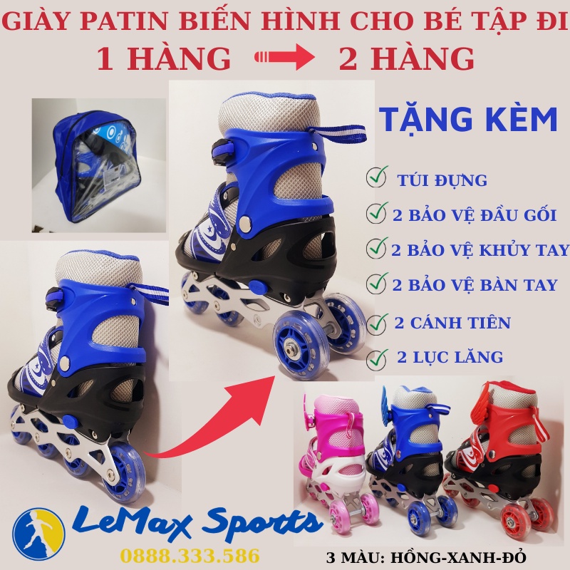 Combo giày trượt patin biến hình. Giày Patin biến hình 1 hàng 2 hàng cho các bé tập đi patin. Tặng bộ bảo hộ và túi