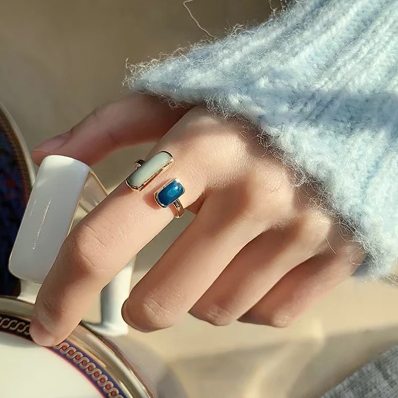 Nhẫn Hở Hình Vuông Màu Xanh Dương Dầu Cổ Điển Đơn Giản Thời Trang Kiểu Pháp Thích Hợp Làm Quà Tặng Cho Bạn Gái