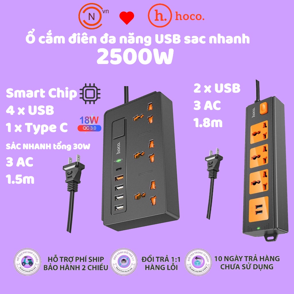 Ổ cắm điện đa năng hoco sạc nhanh chịu tải 2500W hỗ trợ cắm chéo có cổng USB QC 3.0 18W Type C PD 18W dây dài 1.5M DC15