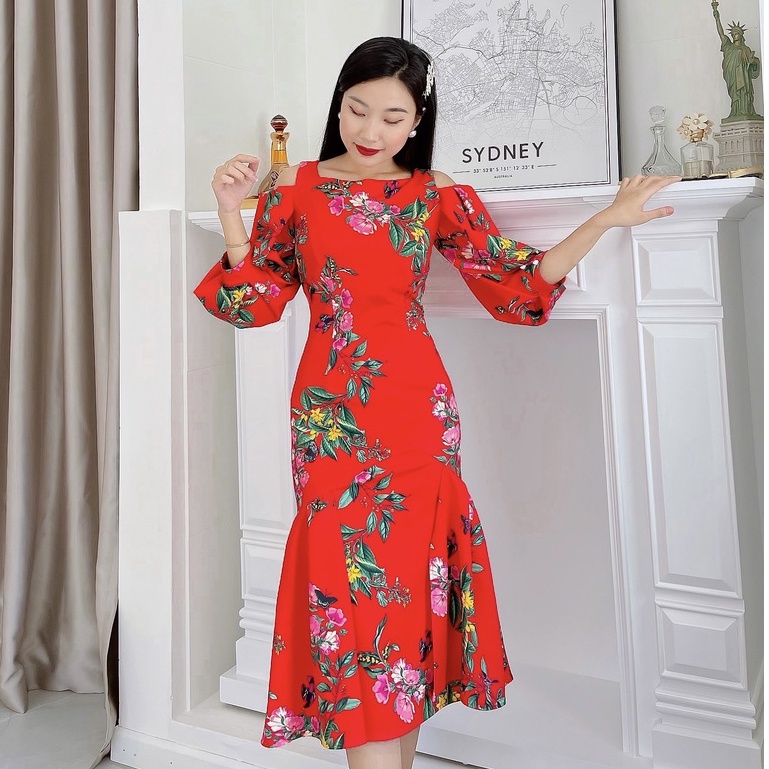 Đầm Midi Cổ Thuyền Tay Bí Họa Tiết In Hoa CQA Boutique CQA0005 Chất Liệu Polyester
