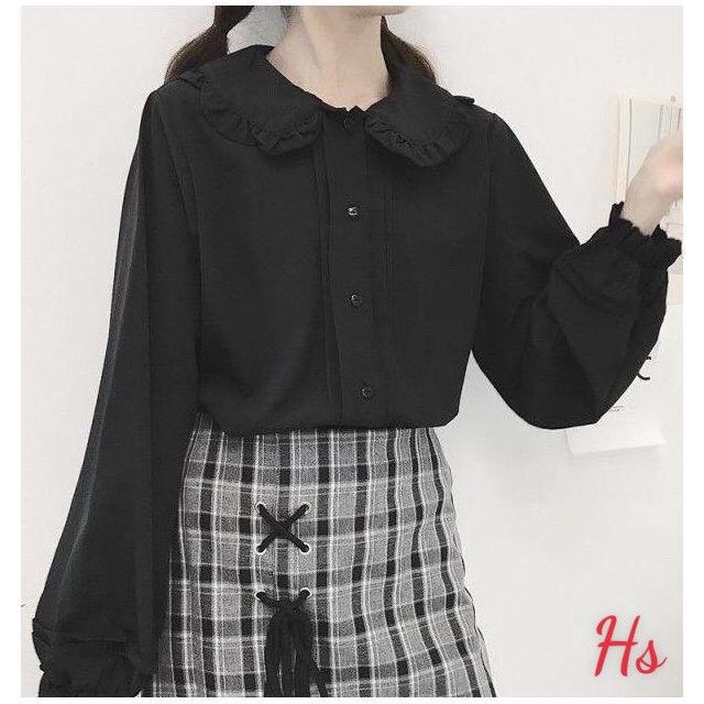 Áo Sơ Mi Đen Cổ Bèo 🦋 Áo Somi Nữ Chất Đũi Màu Đen 🦋 | BigBuy360 - bigbuy360.vn