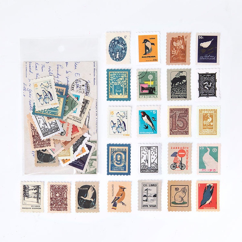 Hộp 46 miếng tem dán trang trí phong cách retro xinh xắn