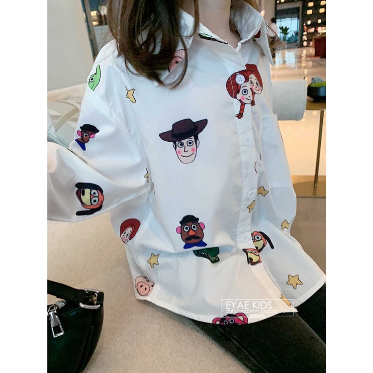 Áo sơ mi trắng dài tay in họa tiết dễ thương cho bé gái cao 90-150cm, nặng 10-35kg