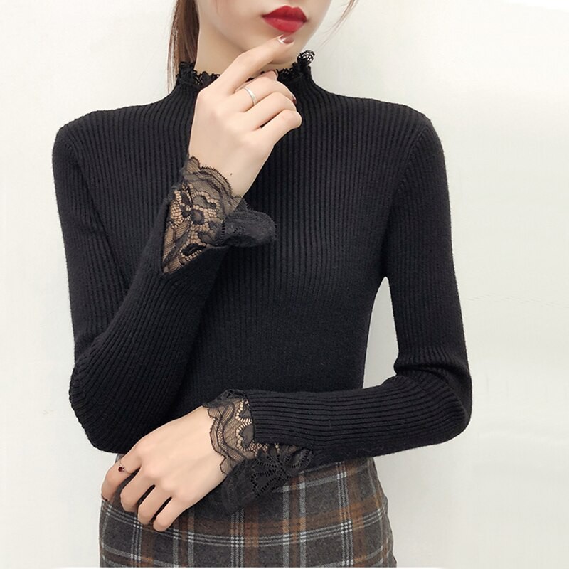 Áo Sweater Dệt Kim Cổ Lọ Phối Ren Hoa Thời Trang Thu Đông 2018 Cho Nữ