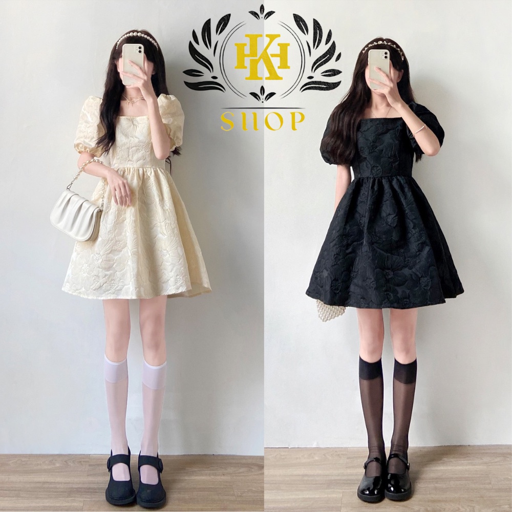 Váy cổ vuông tay bồng - Váy gấm thắt nơ lưng phong cách cổ điển HK Shop9720