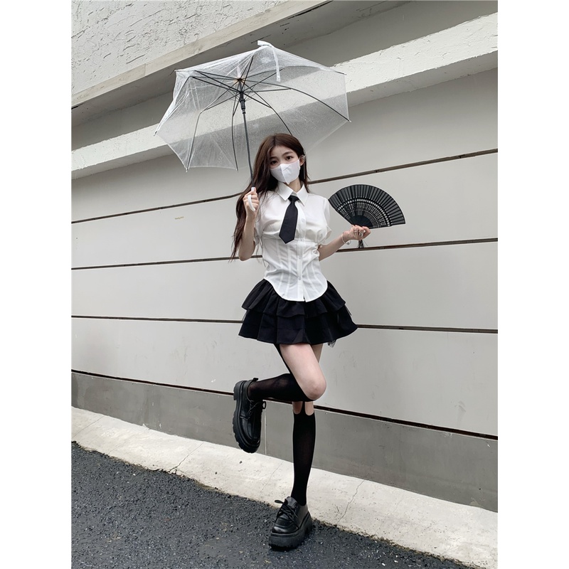Áo sơ mi chiết eo phong cách preppy + chân váy xoè tầng phối ren lolita quyến rũ