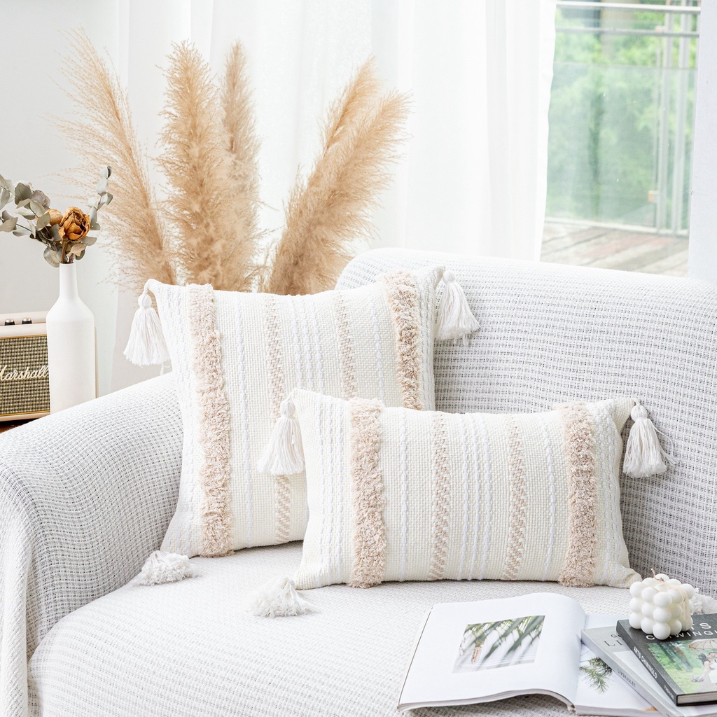 Gối tựa lưng sofa THỔ CẨM TUA RUA cao cấp  PHONG CÁCH SCANDINAVI chất liệu cao cấp (Vỏ kèm ruột)