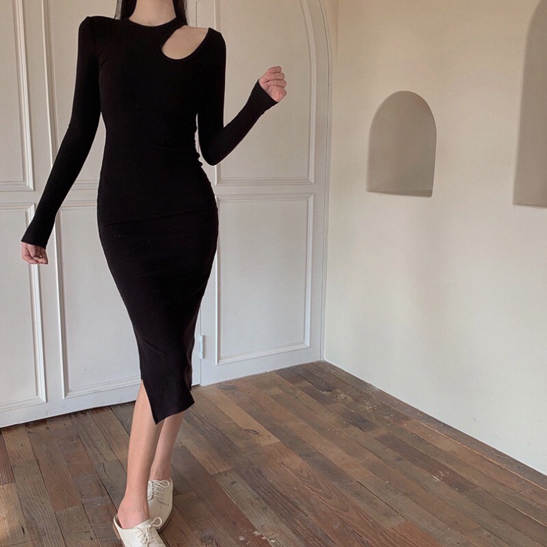 Váy body nữ cổ tròn khoét vai quyến rũ mặc tôn dáng,Váy dài tay mặc thu đông 2 màu trẻ trung cá tính