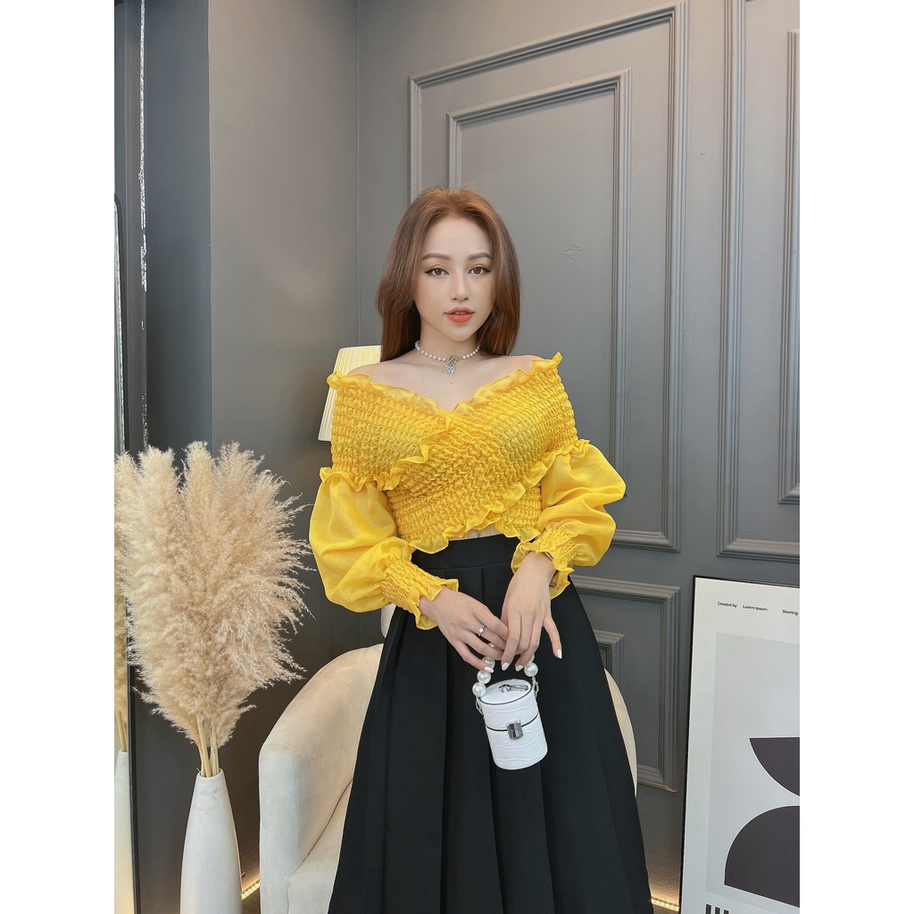 Áo tay dài nữ CRAZYTEEN trễ vai nhún thân thanh lich A0288