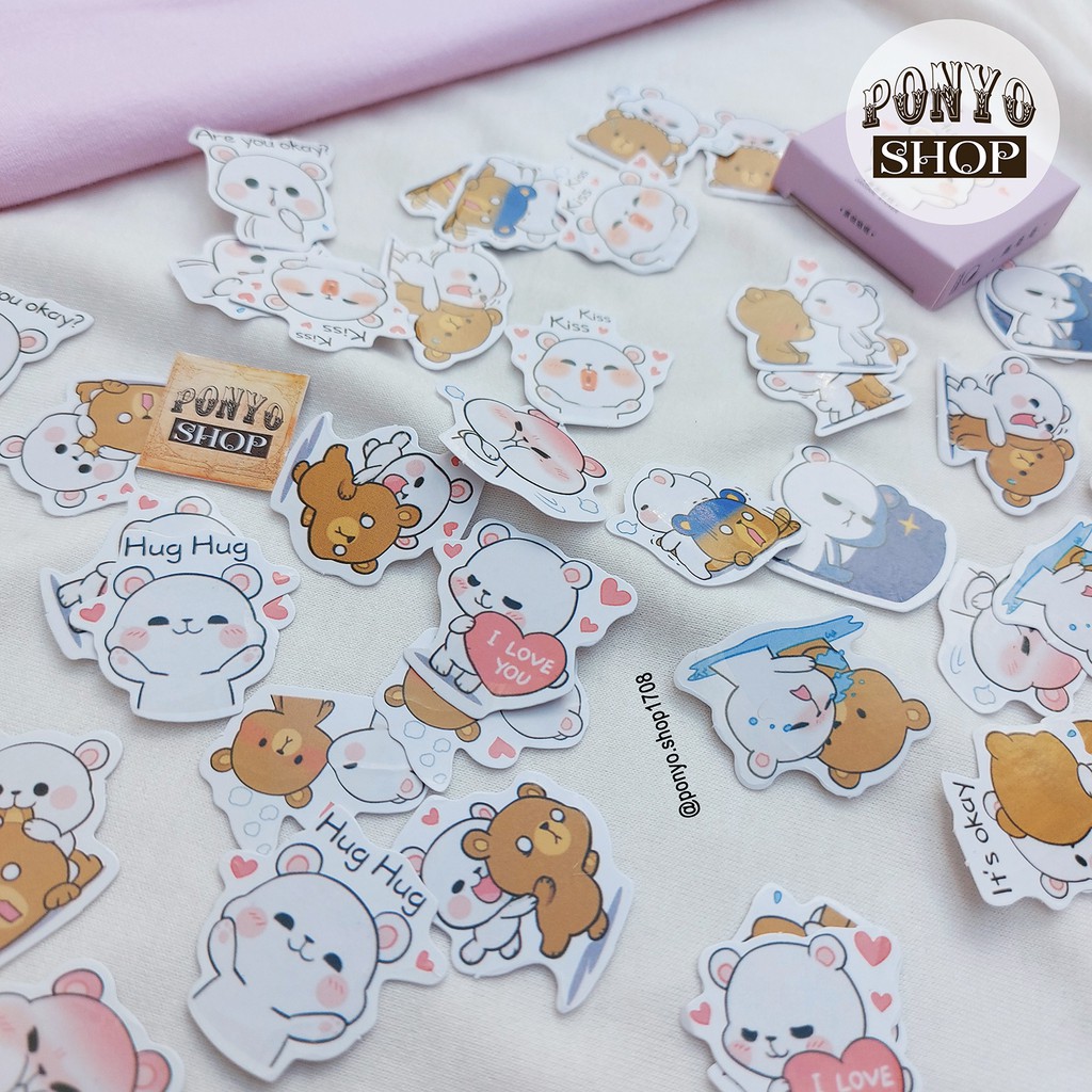 🐻🐼 Hộp 45 sticker nhãn dán Bear Couple trang trí Scrapbook