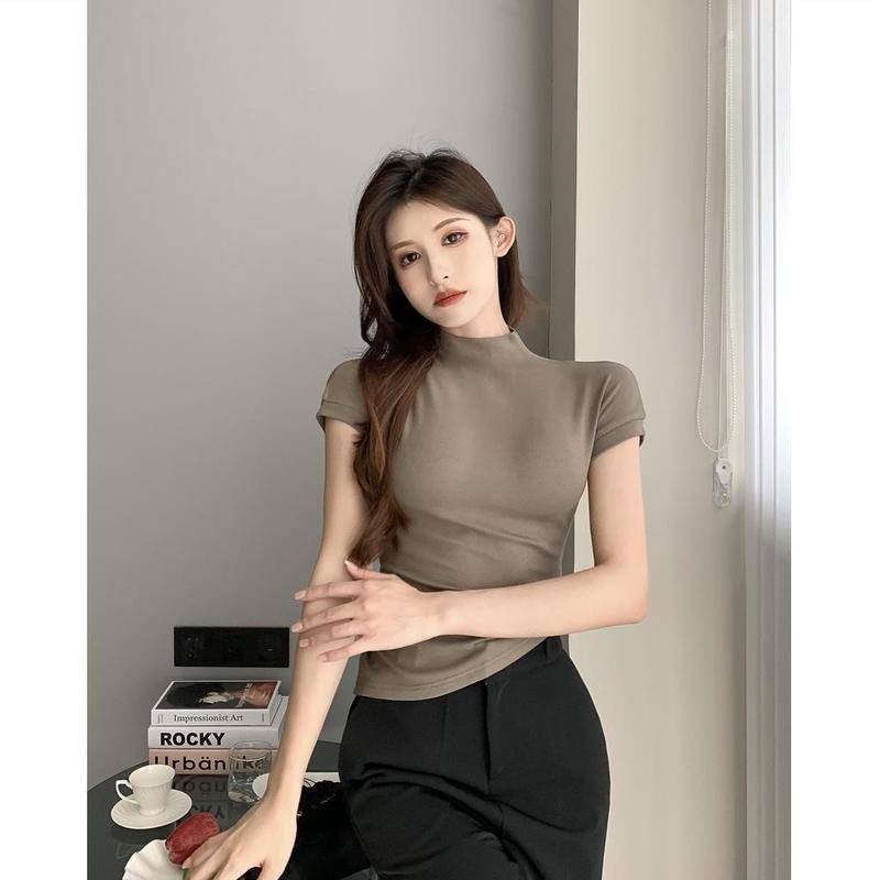Áo Thun Tay Ngắn Cổ Cao Dáng Ôm Thời Trang Mùa Hè Xinh Xắn Cho Nữ