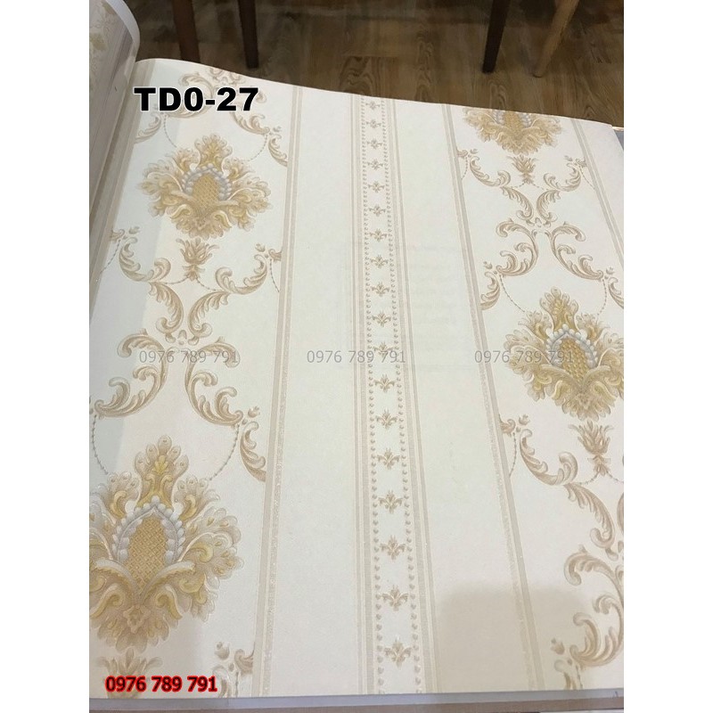 Giấy Dán Tường Hoa Văn Cổ Điển Dải Dọc Phòng Khách, Lụa Không Keo, Khổ 10m x 53cm, Màu Vàng, Trắng Đẹp, Rẻ