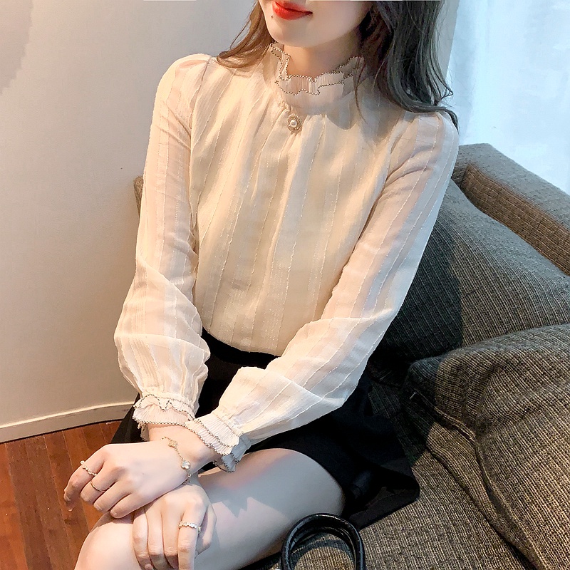 Áo Sơ Mi Chiffon Dài Tay Phối Ren Thanh Lịch Cho Nữ