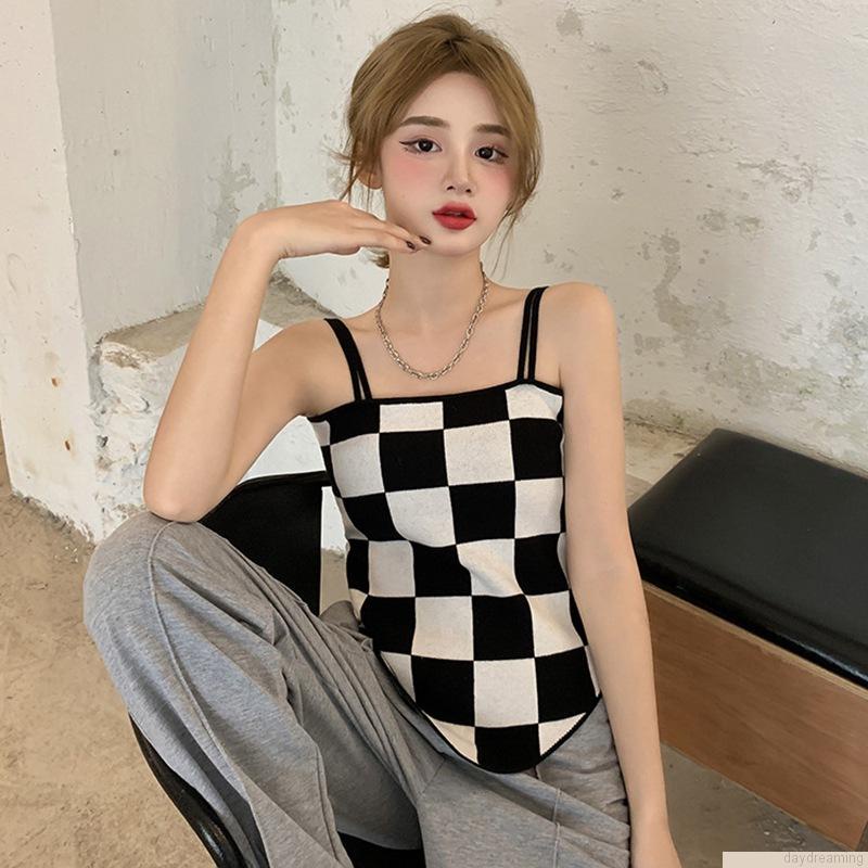 Áo dệt kim hai dây họa tiết sọc caro trọng lượng nhẹ thời trang cho nữ