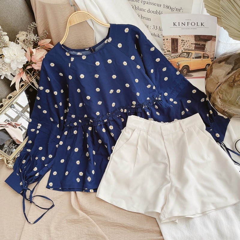 Áo babydoll hoa cúc + Quần short trắng❤️Set áo babydoll