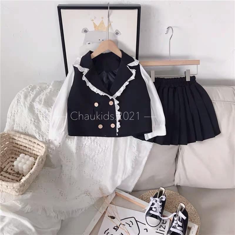 Set váy cổ vest viền bèo bé gái