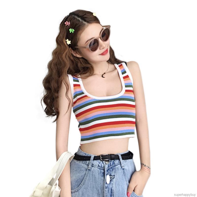 Áo Hai Dây Kẻ Sọc Cầu Vồng Xinh Xắn Cho Nữ Kiểu Hàn Quốc