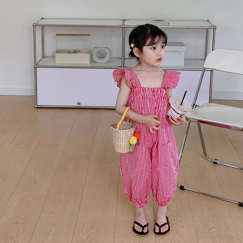 Bộ Áo Liền Quần Hai Dây In Họa Tiết Caro Phong Cách Hàn Quốc Thời Trang Mùa Hè Cho