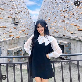 Đầm babydoll đen phối cổ trắng