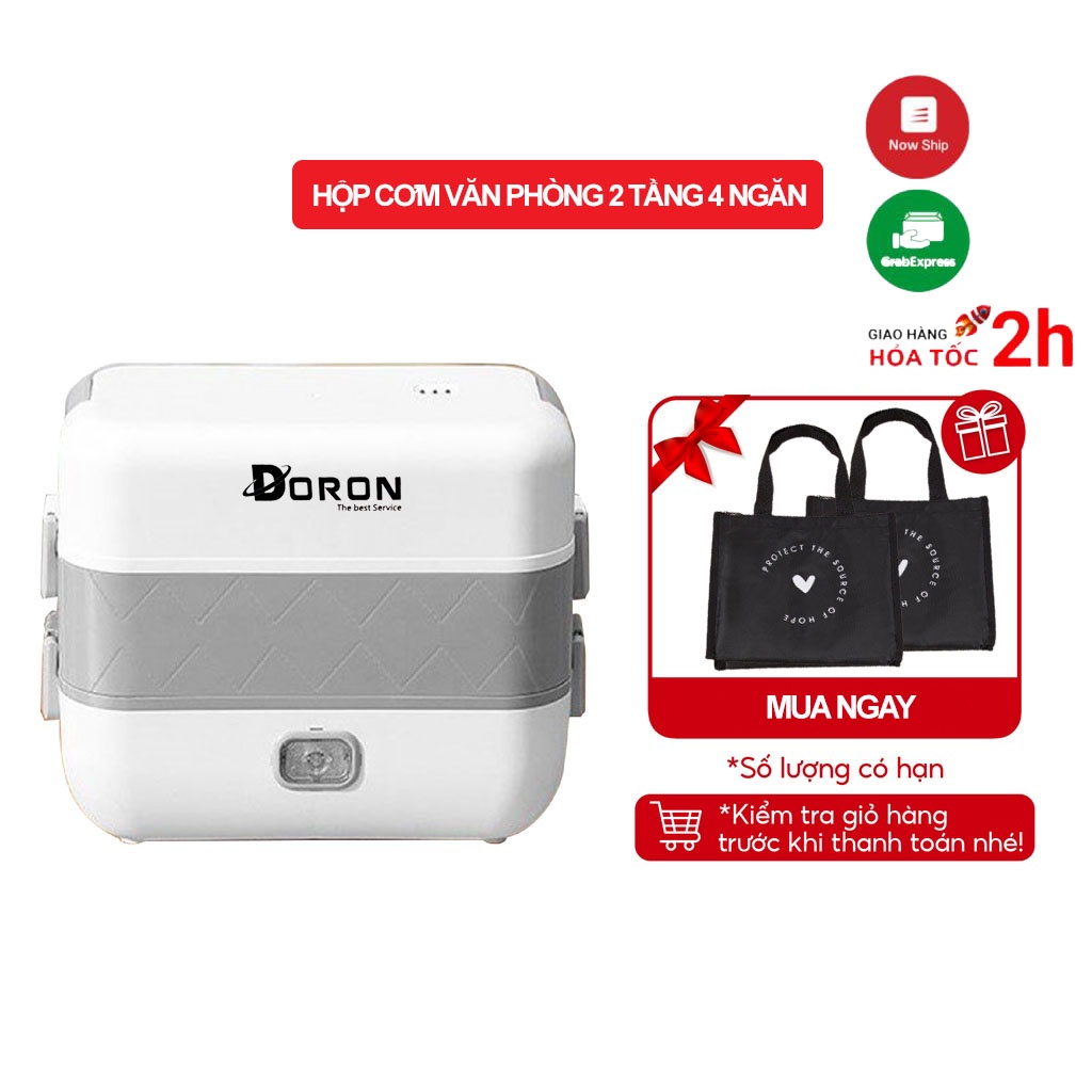 Hộp cơm cắm điện Doron giữ nhiệt 2 tầng 4 ngăn dung tích 2l đựng đồ đi học, làm văn phòng
