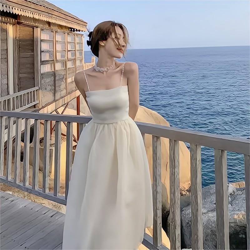 váy 2 dây thời trang mùa hè lãng mạn，Đầm voan retro trơn màu với thiết kế hở lưng và eo