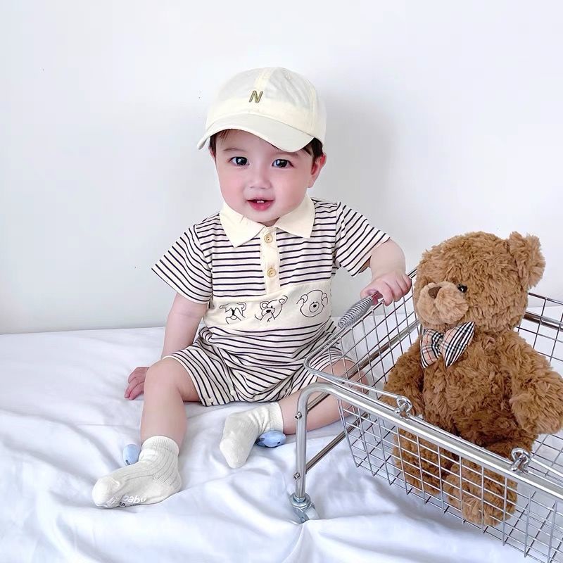 Bộ Áo Liền Quần Ngắn Tay Họa Tiết Kẻ Sọc Thời Trang Hàn Quốc Cho Bé Trai