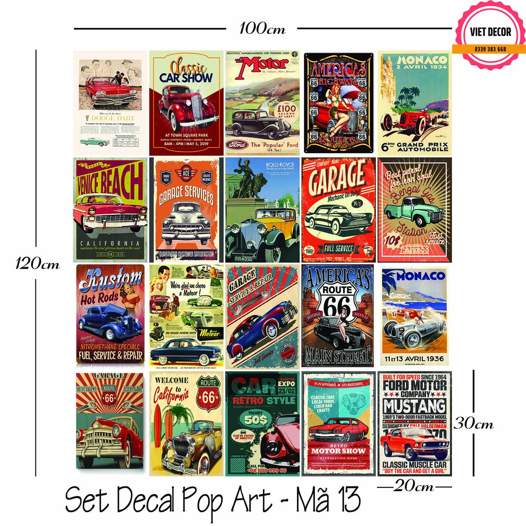 Decal Decor Vintage - Set 20 Tấm Decal Motor Car -  Poster Trang trí Tường, Nội thất - Viet Decor