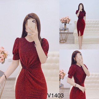 (Bỏ sỉ)Đầm đỏ đô kim tuyến lóng lánh xoắn eo tôn dáng, tay phồng che khuyết điểm mặc đi làm, đi tiệc, đi chơi điều sang
