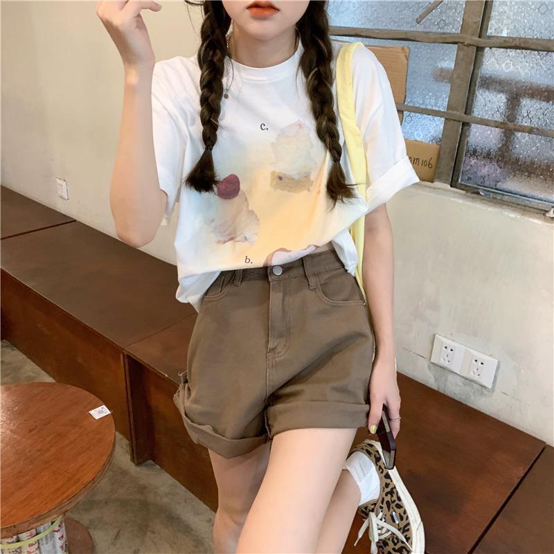 Jiashucheng Quần Short Denim Lưng Cao Ống Suông Màu Nâu Phong Cách Retro Mỹ
