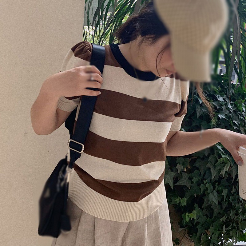 Áo dệt kim cổ tròn tay ngắn họa tiết sọc thời trang Hàn Quốc