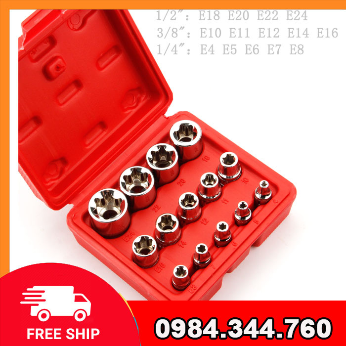 Bộ khẩu tuýp E 14 chi tiết chuyên mở các con ốc ĐẶC BIỆT, 3 cỡ khẩu 1/4, 3/8, 1/2