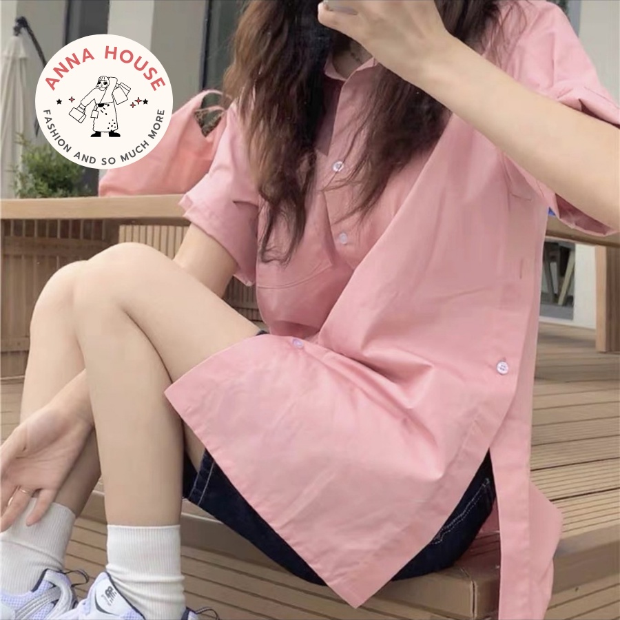 Áo sơ mi nữ tay ngắn form rộng form rộng xẻ vạt khuy sườn, áo sơ mi nữ cộc tay xẻ tà nút sườn form rộng Ulzzang