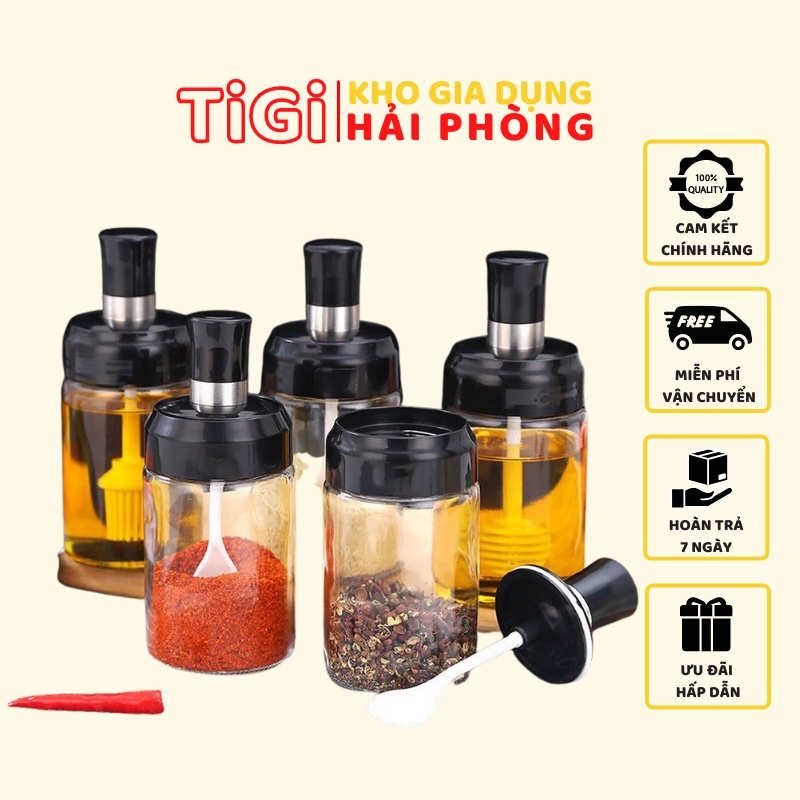Lọ đựng gia vị thủy tinh kèm thìa, combo 5 hũ thủy tinh đựng gia vị tiện lợi thông minh cho nhà bếp - Tigi