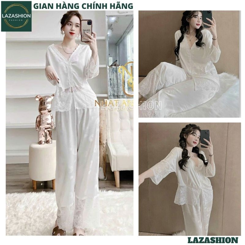 Đồ bộ ngủ lụa phối ren cổ v tiểu thư sang chảnh dễ thương ,mặc nhà cực xinh và kute pyjama hàn quốc ulzzang -LAZASHION