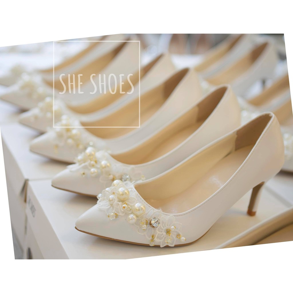 Giày màu trắng {FREESHIP} Giày cô dâu kết hoa vòng cao cấp SHE SHOES