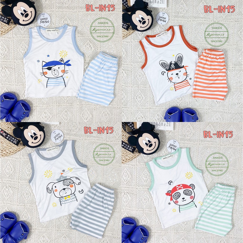 [SALE] Bộ Quần Áo Bé Gái, Bé Trai Minky Mom Vải Thun Lạnh Động Vật Quần Kẻ, Bộ Ba Lỗ Cho Bé Mặc Hè MKM3LO2204