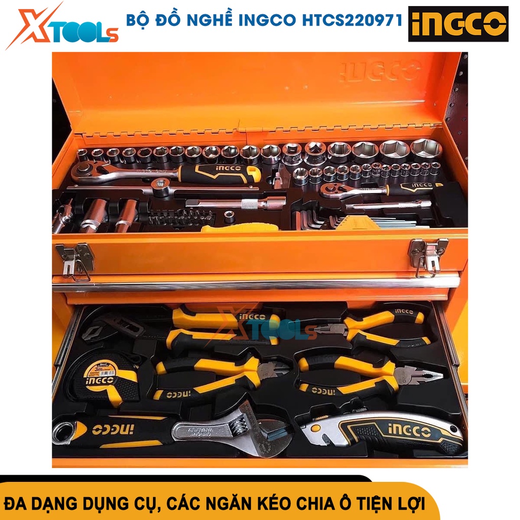 Bộ đồ nghề 97 chi tiết Ingco HTCS220971, thùng đồ nghề 3 ngăn kích thước 520x218x243mm [chính hãng][xtools]