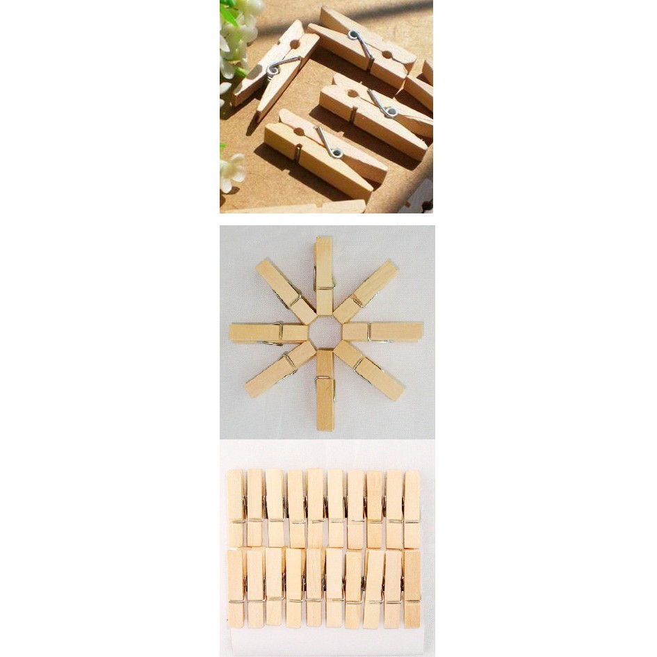 Kẹp gỗ trơn - (Size 3,5cm/ 4,5cm x 7mm) - Set 30 chiếc kèm dây