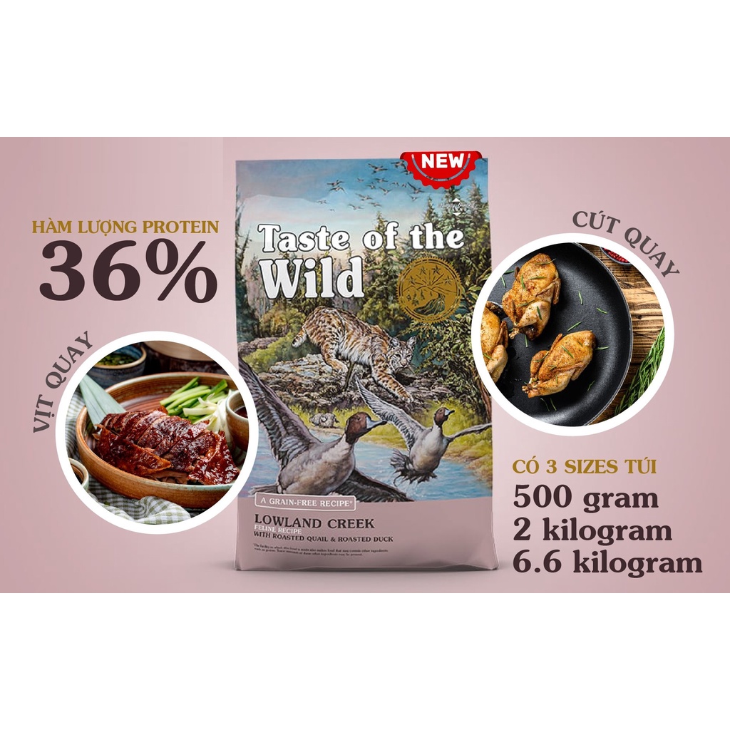 [DINH DƯỠNG CAO] 500G HẠT CHO MÈO TASTE OF THE WILD LOWLAND CREEK VỊ CHIM CÚT VÀ VỊT QUAY – THỨC ĂN CHO MÈO