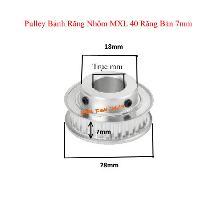 Puly Bánh Răng Nhôm MXL 40 Răng Bản Rộng Đai 7mm Trục 5mm, 10mm