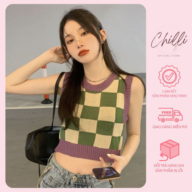 Áo gile len nữ kẻ caro ô vuông viền tím croptop P639