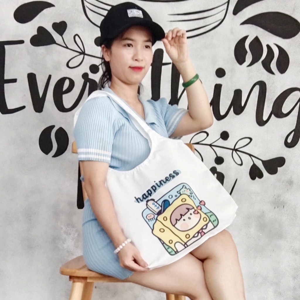 Túi note hàn quốc, vải canvas 100% poli cao cấp, phong cách thời trang ulzzang, có khoá miệng xịn xò HAPPI CUTE mã k05