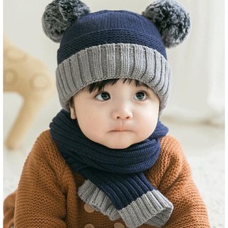 Set mũ len 2 quả bông kèm khăn cho bé