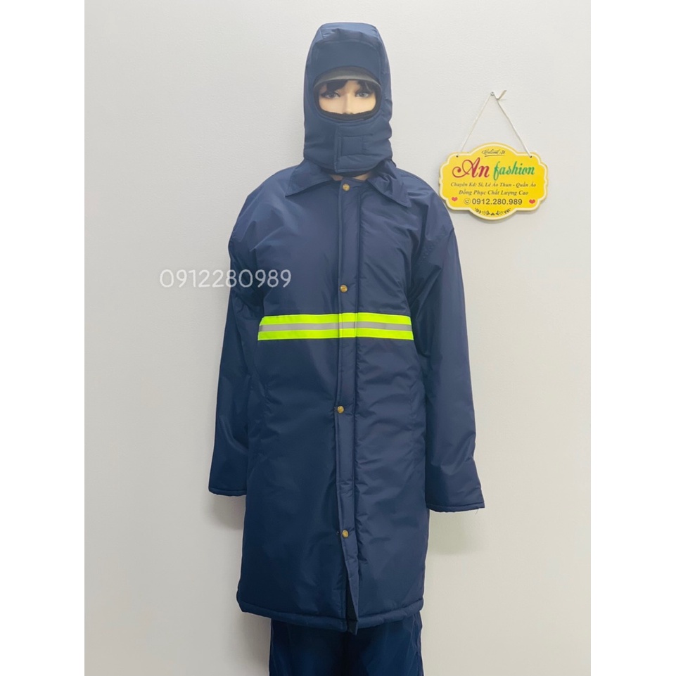 Áo kho lạnh -30 độ form dài đến gối mặc trong kho đông lạnh, thủy sản, trái cây có phản quang_ Hình chụp thật