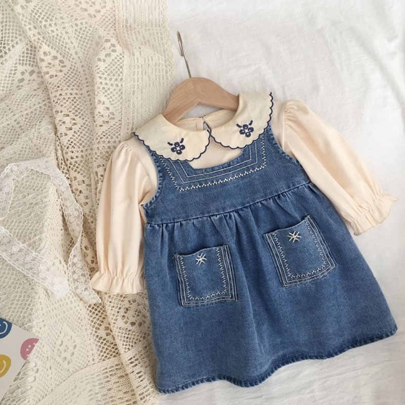 Set Đồ 2 Món Gồm Đầm Yếm Denim Thêu Họa Tiết Thời Trang Xuân Thu Cho Bé Gái