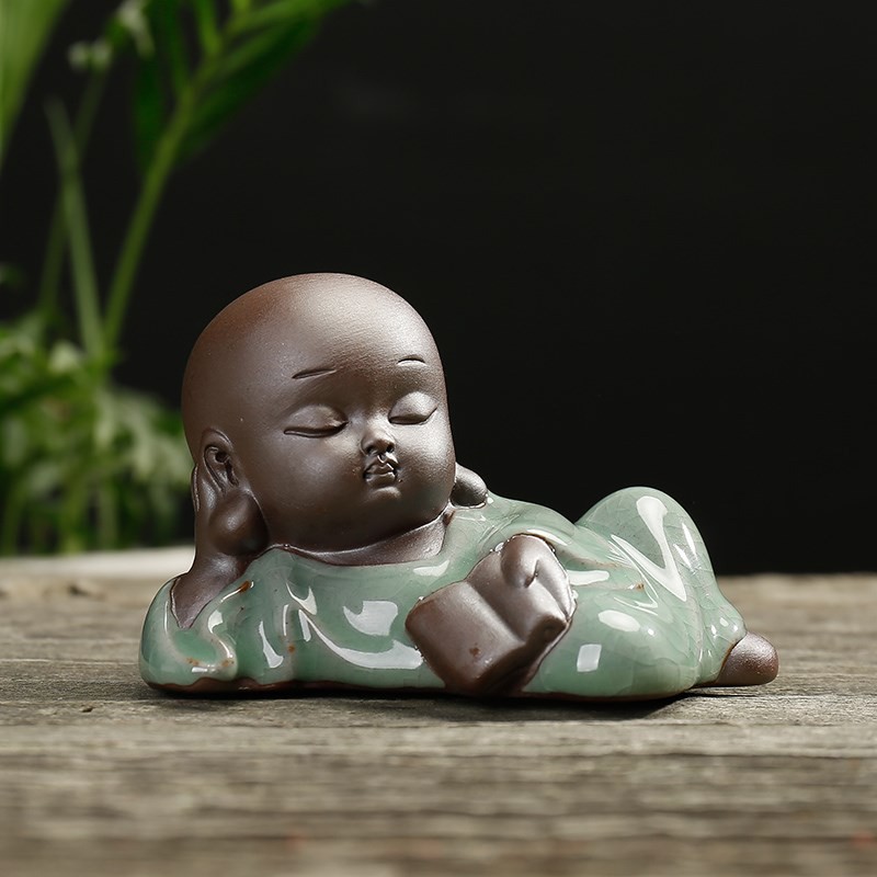 Tượng Chú Tiểu Gốm Xanh Cầm Kì Thi Họa, Cầu Phúc và Hoan Hỉ