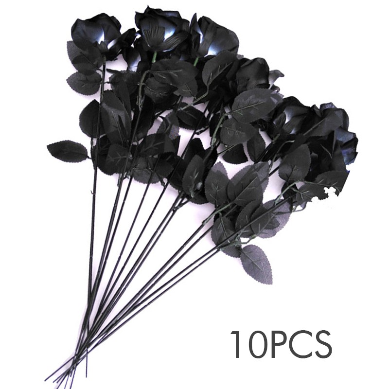 Bộ 10 cây hoa hồng đen nhân tạo phong cách gothic dùng làm đạo cụ trang trí cô dâu dịp Halloween
